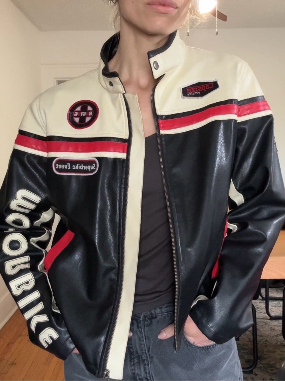 Black, Cream and Red Retro Racer Leather Jacket
